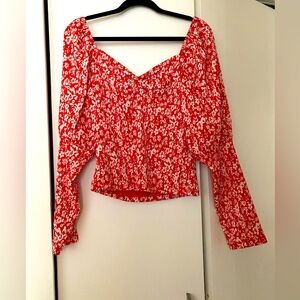 Anthropologie shirt size L red and white floral puffed sleeves sweetheart neck